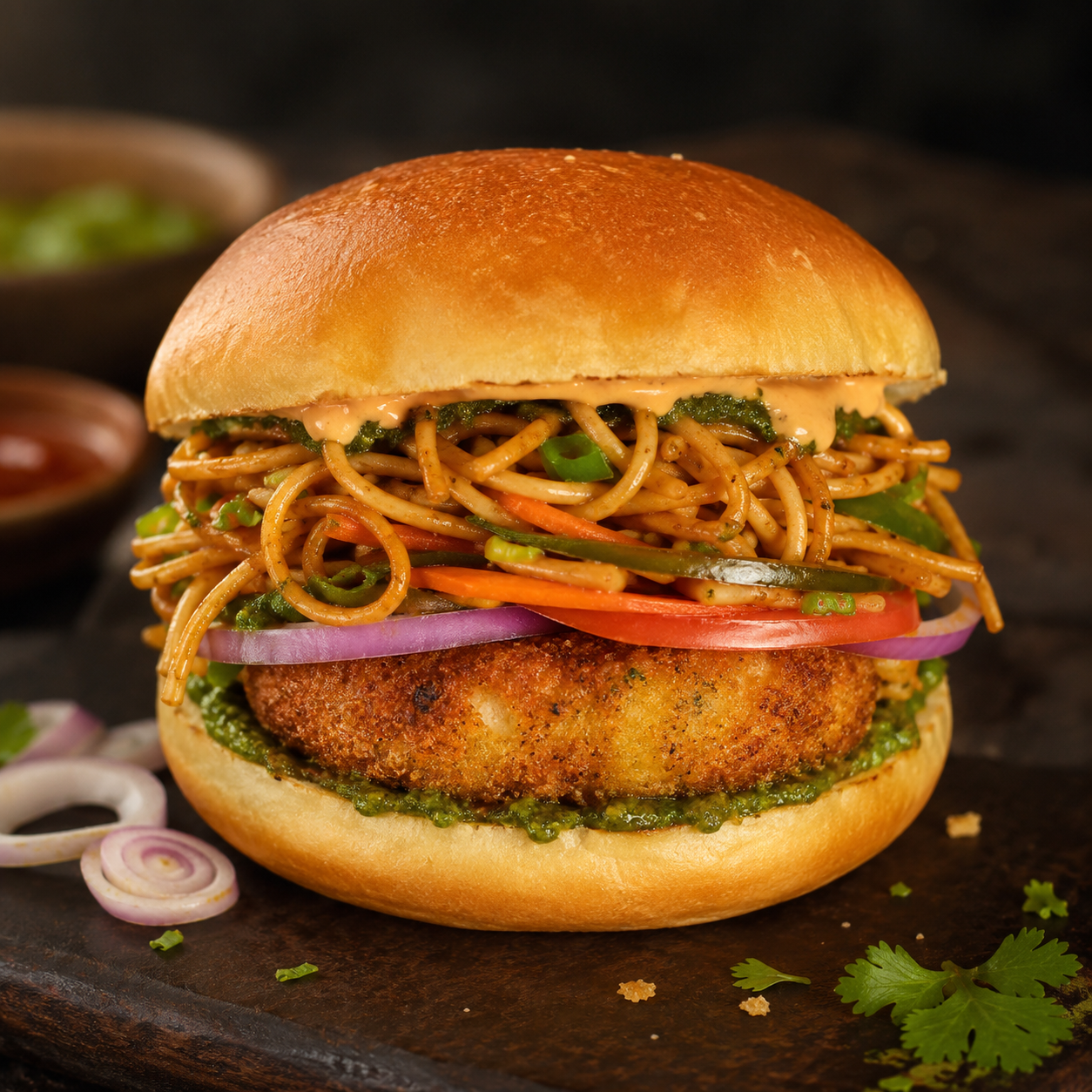 Aloo Tikki Noodles Burger
