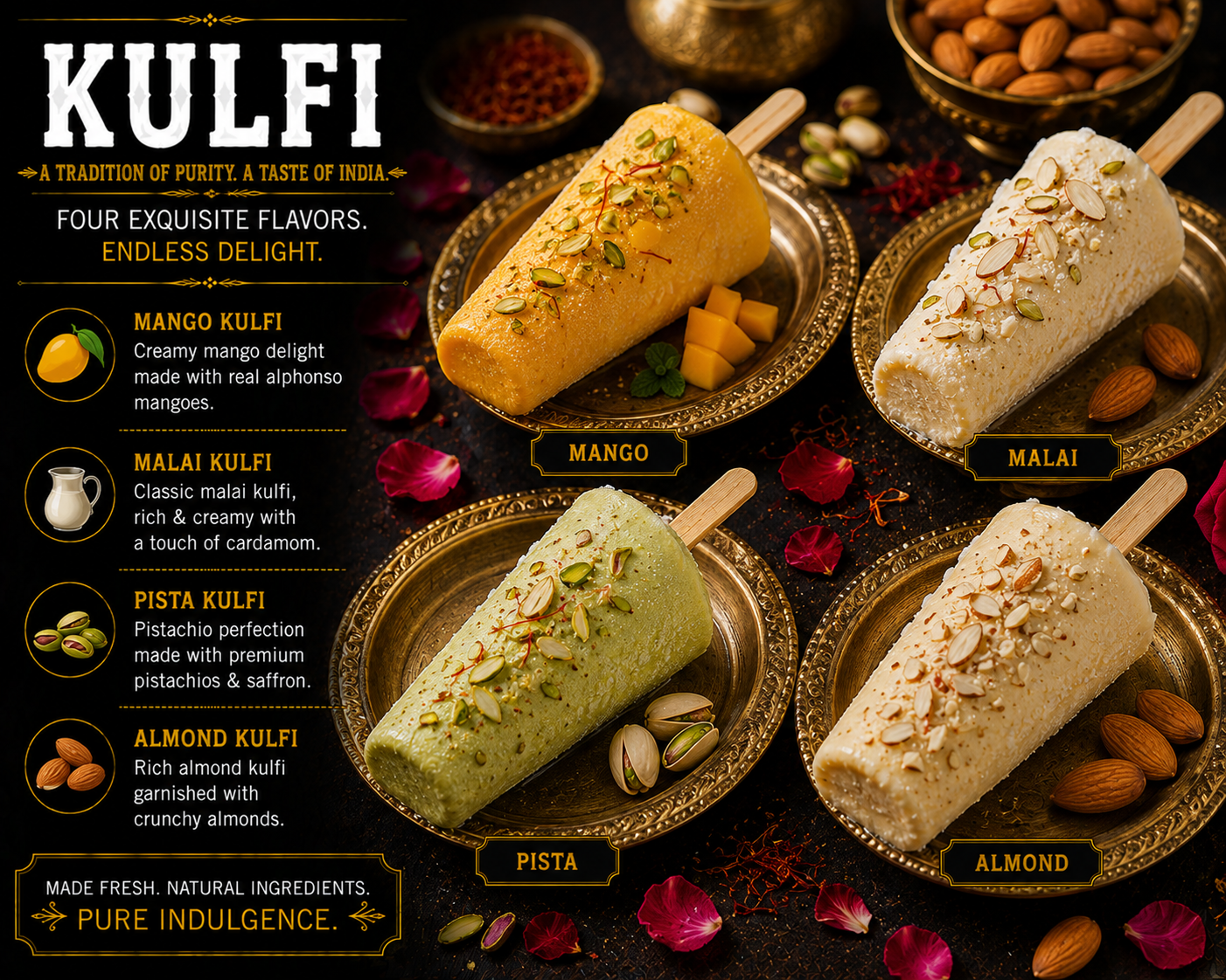 Kulfi (Mango, Malai, Pista, Almond)